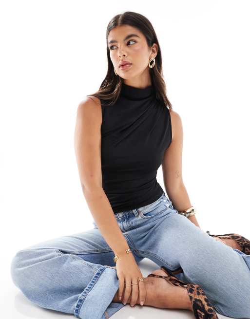 Pieces - Top senza maniche nero con scollo drappeggiato, 3 di 4