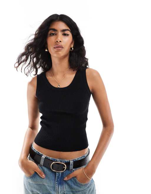 Pieces - Top senza maniche nero in maglia a coste