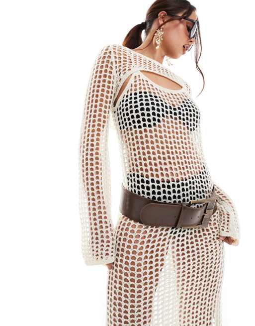 Pieces - Top stile bolero all'uncinetto traforato color crema da festival