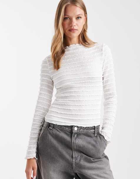 Pieces - Top van jersey met bubbeltextuur en lange mouwen in wit - view 1