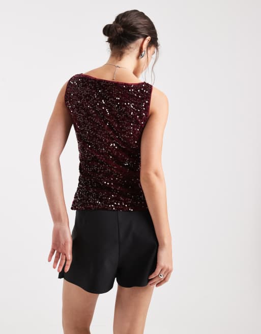 Pieces - Top van jersey met rechte hals en pailletten in bordeauxrood, 2 van 4