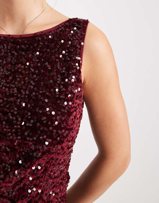 Pieces - Top van jersey met rechte hals en pailletten in bordeauxrood, 3 van 4