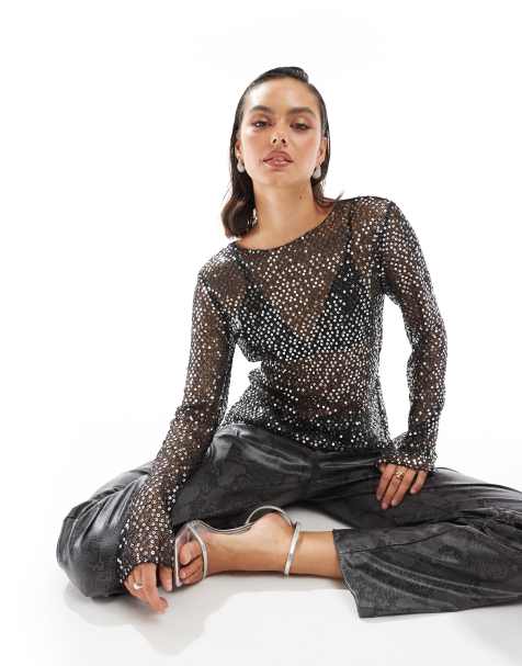 Pieces - Top van mesh met lange mouwen en lovertjes in zwart - view 1