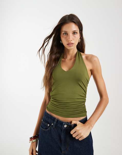 Pieces - Top verde esfagno ceñido con cuello halter - view 1