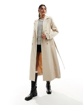 Pieces tie waist trench coat in sand - ASOS Price Checker