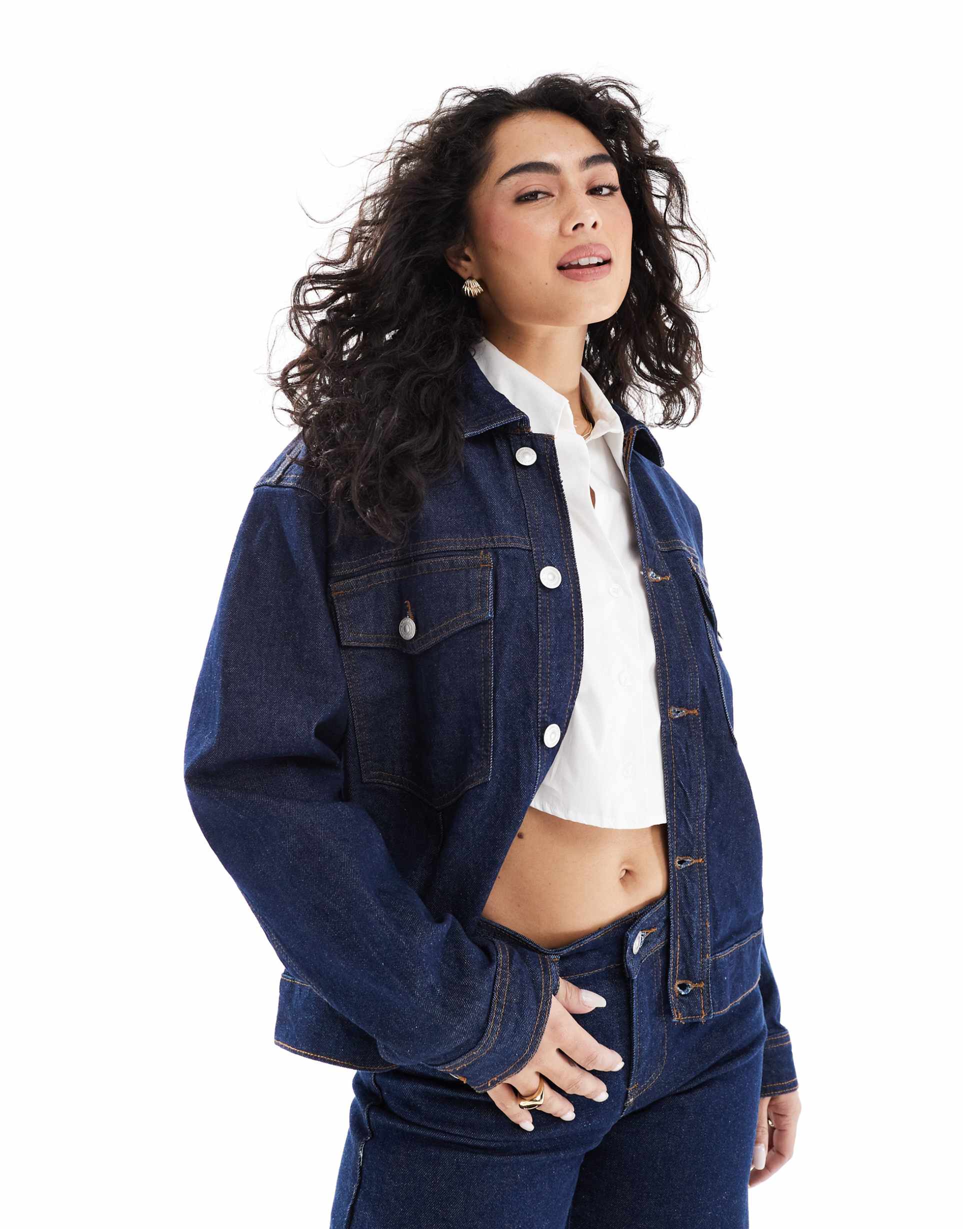 pieces trucker jacket in dark blue denim - part of a set