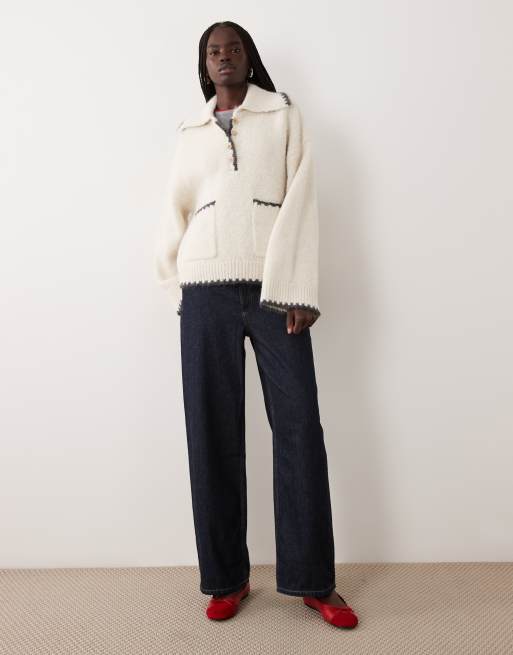 Pieces trui met festonsteek, oversized pasvorm en oversized kraag in crème, 3 van 4
