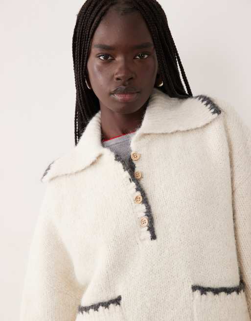 Pieces trui met festonsteek, oversized pasvorm en oversized kraag in crème, 4 van 4
