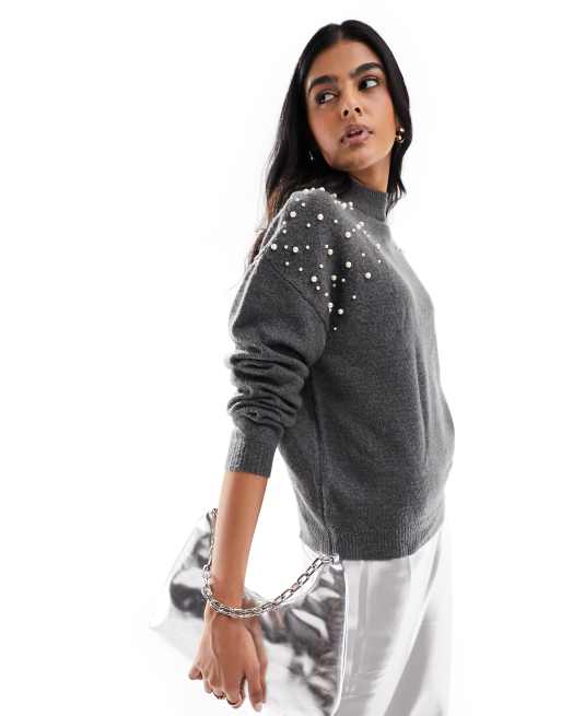 Pieces - Trui met pareldetail op de schouders in grijs