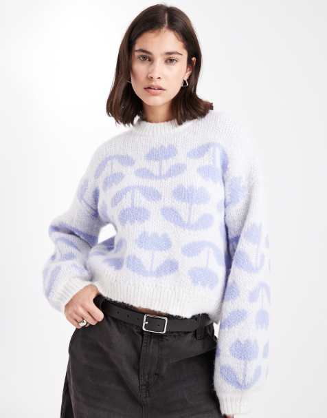 Pieces tulip print knitted jumper in lavender and white