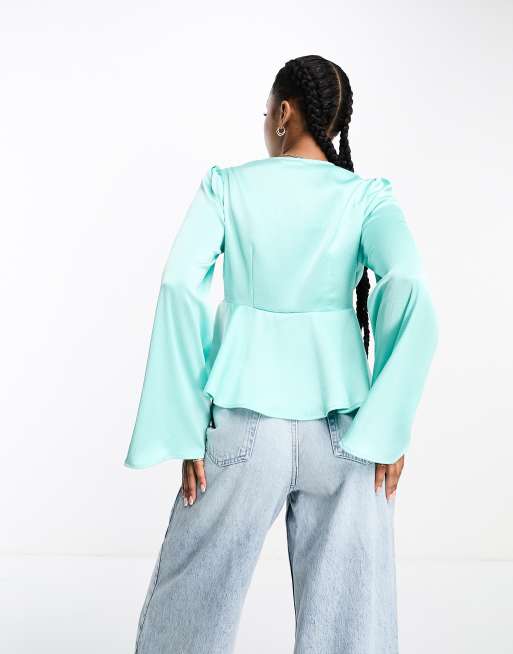 PIECES - Turkisblå peplum-top med bindebånd foran i satin, 2 af 5