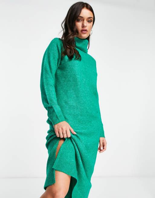 Pieces turtle neck knit midi dress in bright green | ASOS