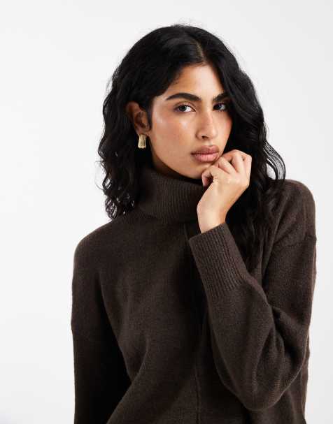 Pieces turtle neck sweater with seam detailed front in chocolate brown - view 1