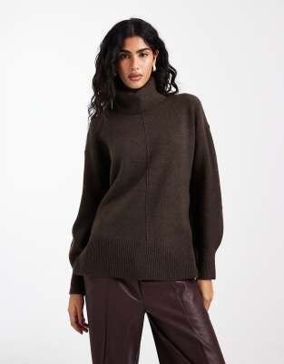 Pieces Turtle Neck Sweater With Seam Detailed Front In Brown