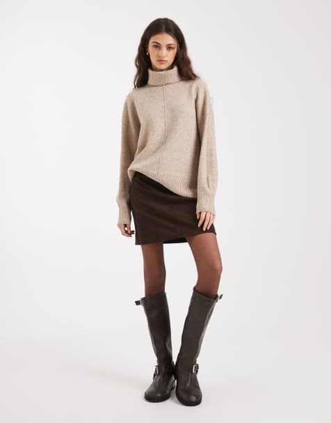 PIECES turtleneck sweater with seam detail front in taupe gray melange - view 1