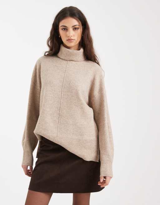 PIECES turtleneck sweater with seam detail front in taupe gray melange, 2 of 4