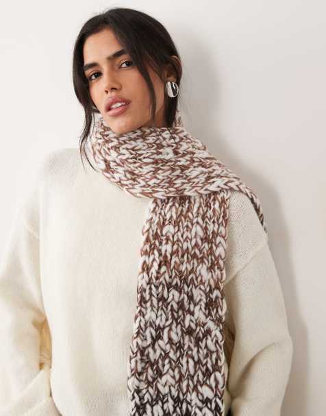 Pieces two tone chunky knitted scarf in brown and cream - view 1