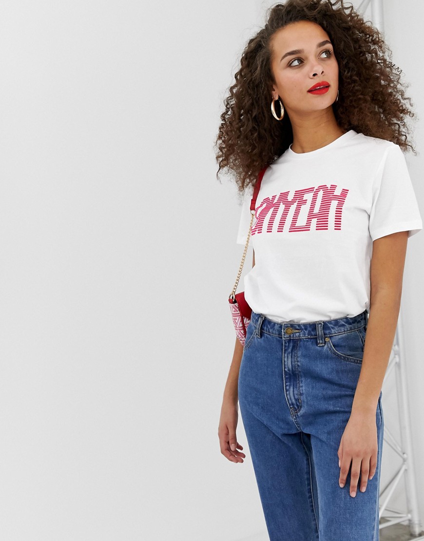 Pieces – Tyra – T-shirt med oh yeah-slogan-Vit