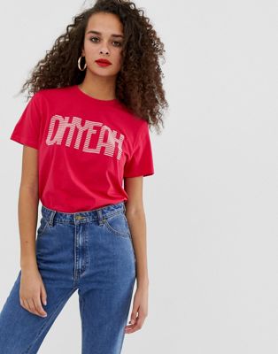 Pieces - Tyra - T-shirt met Oh yeah-slogan-Roze