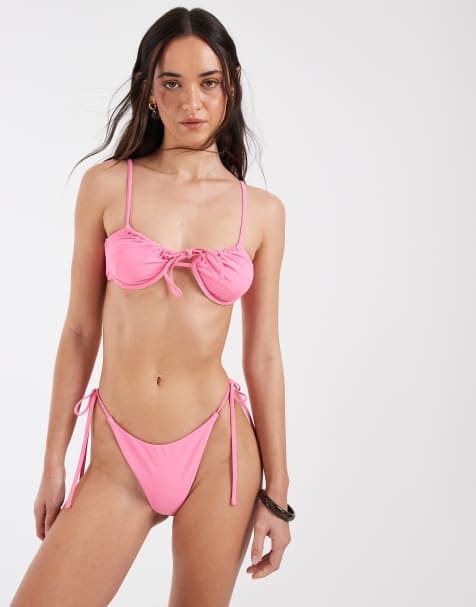 Pieces underwire tie front bikini top and tie side Brazilian bikini bottoms set in light pink - view 1