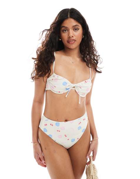 Pieces underwired tie front detail bikini top co-ord in seashell print