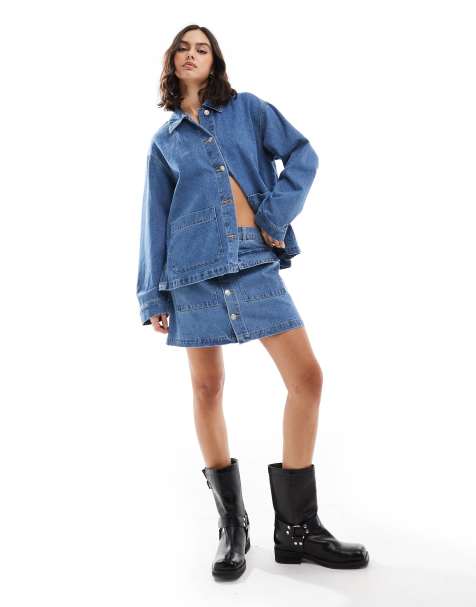 Pieces utility denim mini skirt co-ord in medium blue - view 1