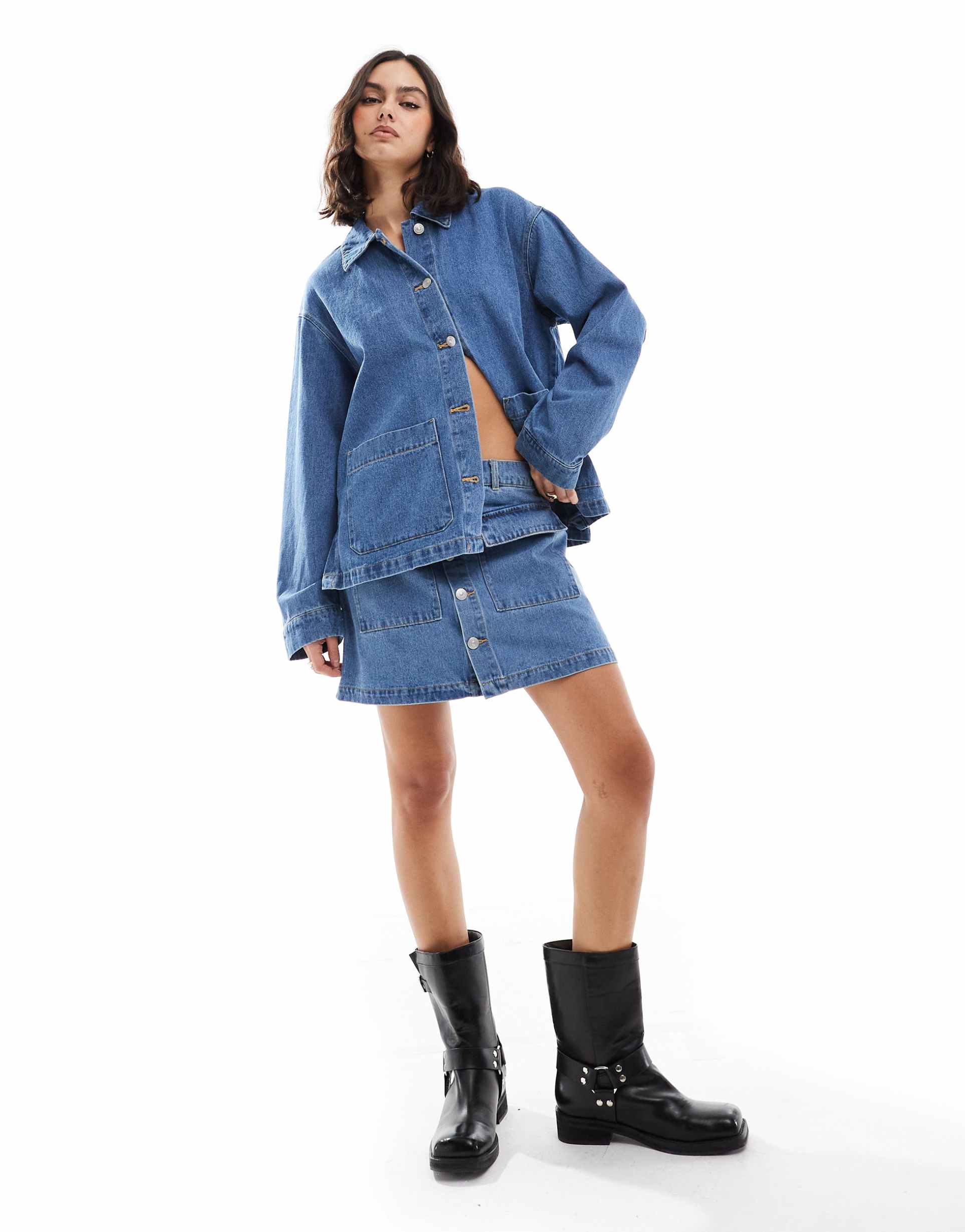 pieces utility denim mini skirt in medium blue - part of a set