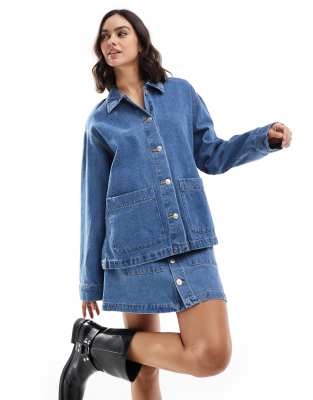 utility denim shacket in medium blue - part of a set