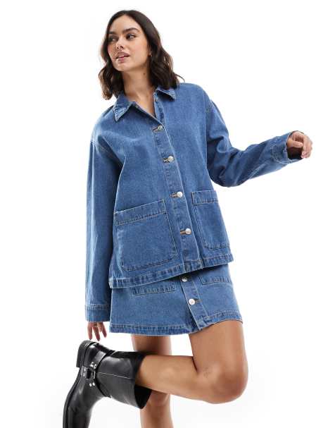 Pieces – Utility-Hemdjacke aus Denim in Mittelblau, Kombiteil - view 1
