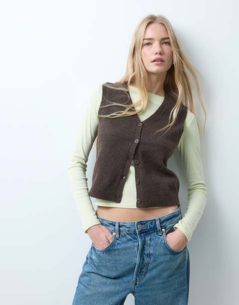 Pieces v neck button front knitted singlet in chocolate brown - view 1