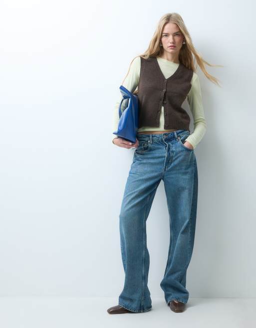 Pieces v neck button front knitted vest in chocolate brown, 3 of 4