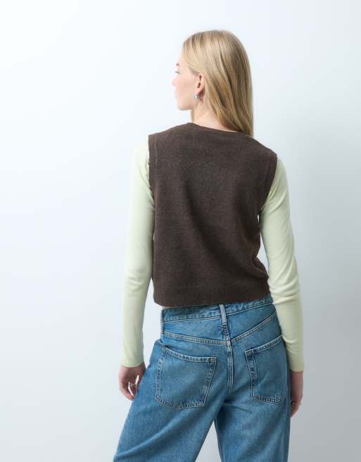 Pieces v neck button front knitted vest in chocolate brown, 4 of 4