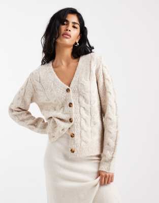 Pieces V-neck Cable Knit Cardigan In White