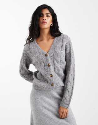 Pieces V Neck Cable Knit Cardigan In Gray