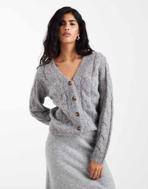 Pieces v neck cable knit cardigan in medium grey melange