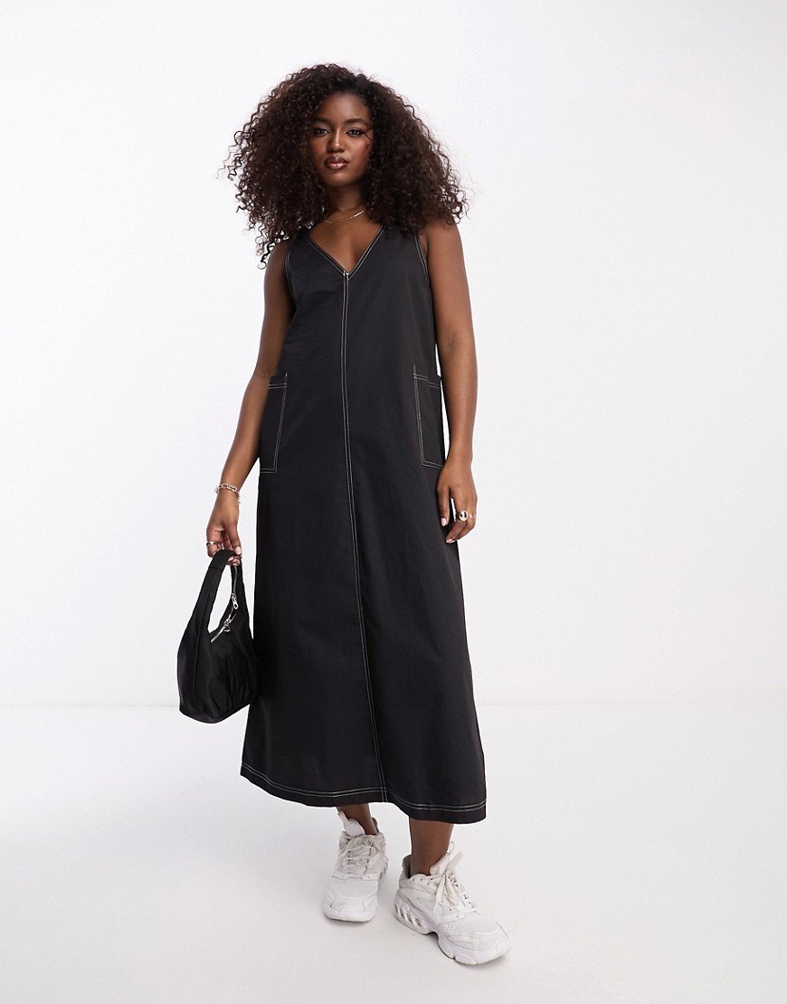 Pieces v-neck cargo midi dress in black with contrast stitching