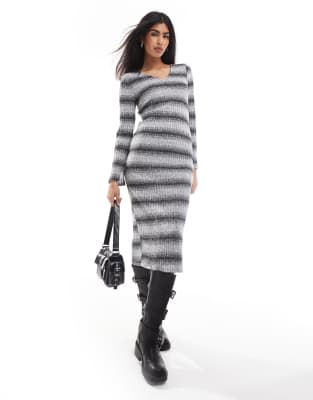 V-neck long sleeve knit maxi dress in multi gray stripe-Black