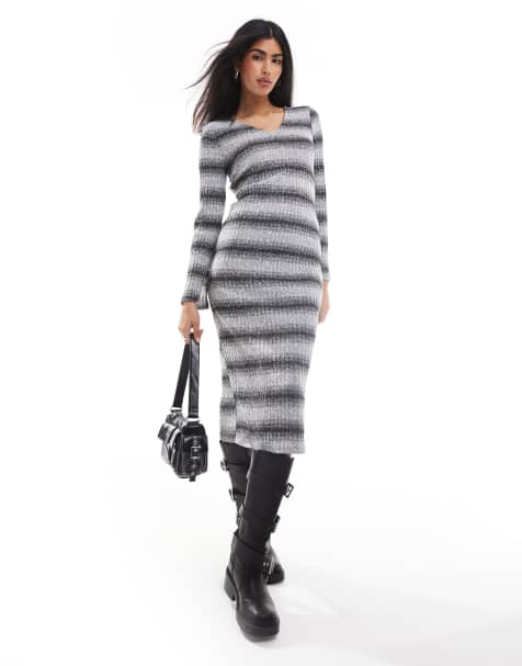 Pieces v-neck long sleeve knitted maxi dress in multi grey stripe - view 1
