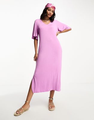 Pieces V Neck Maxi T-shirt Dress In Pink