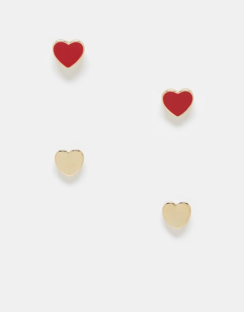 Pieces - Valentines - Confezione da 2paia di orecchini a bottone a cuore color oro e rosso - view 1