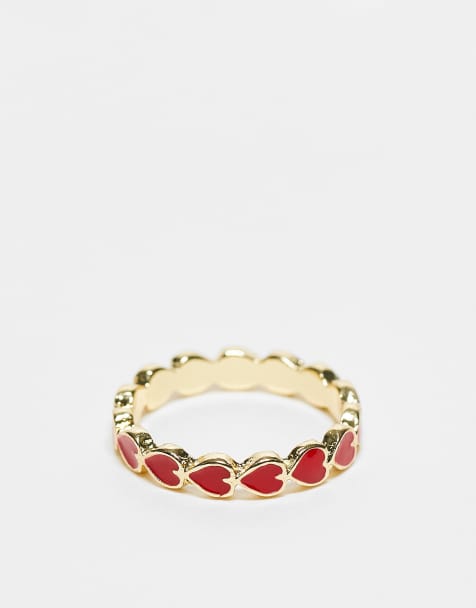 Pieces – Valentines – Guldfärgad ring med röda hjärtdetaljer - view 1