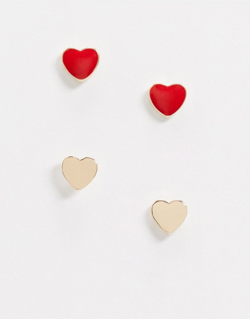 Pieces heart stud earrings 2 pack in gold and red