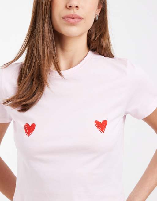 Pieces - Valentines - T-shirt corta rosa pallido con motivo a cuori, 4 di 4