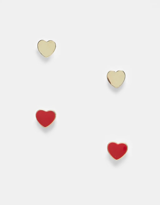 Pieces – Valentinstag – 2er-Pack Herz-Ohrstecker in Rot und Gold