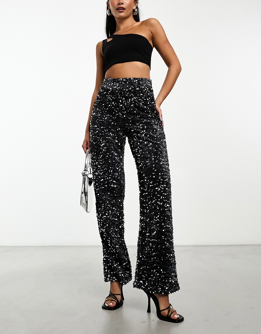Pieces velour & sequin wide leg trousers in grey