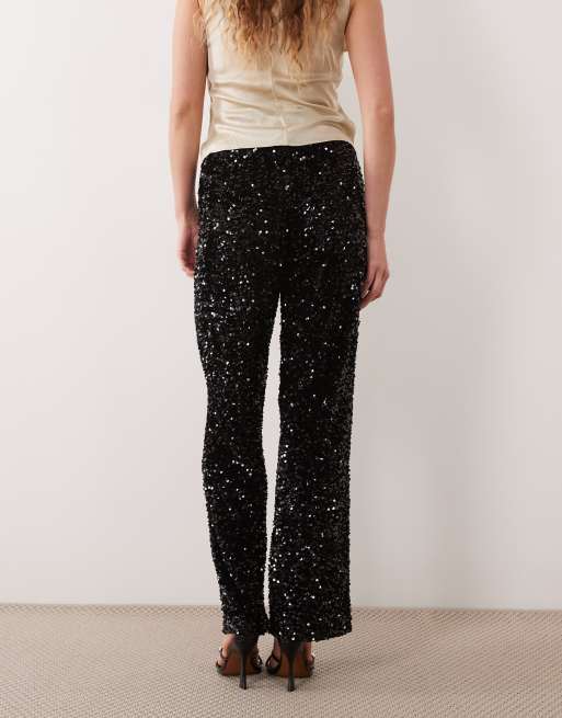 Pieces – Velours-Hose in Schwarz mit weitem Schnitt und Paillettenbesatz, 2 von 5