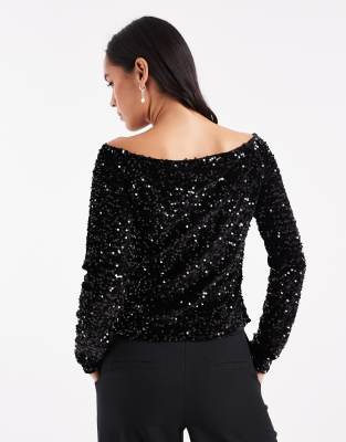 Pieces Velvet And Sequin Off Shoulder Top In Black