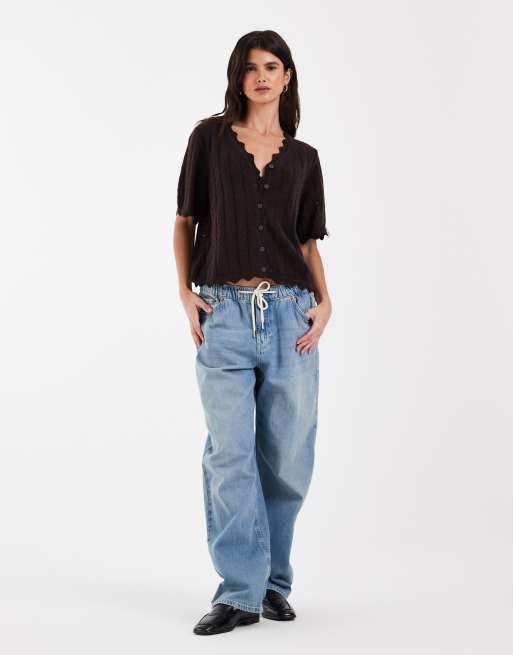 Pieces vest met ruchebies en korte mouwen in chocoladebruin, 3 van 4