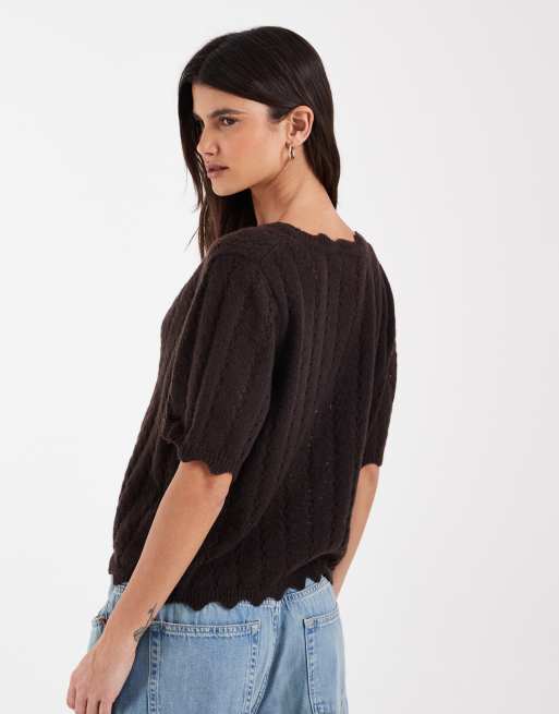 Pieces vest met ruchebies en korte mouwen in chocoladebruin, 4 van 4