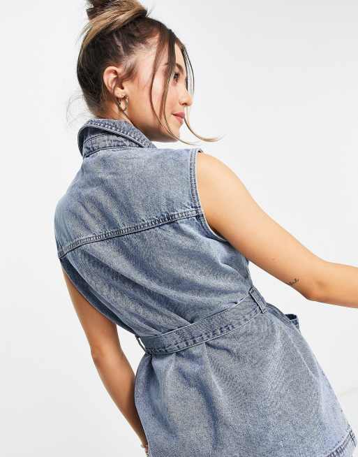 Pieces - Veste sans manches en denim de coton mélangé avec ceinture sur la taille - Bleu - MBLUE, 2 de 4